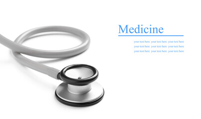 Stethoscope on white background, banner design. Space for text - obrazy, fototapety, plakaty