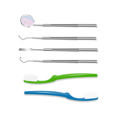 A set of instruments for stamatology. Vector set of tools with toothbrushes. Realistic vector.