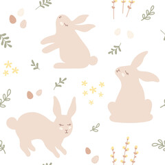 Vector repeating hand-drawn print. Easter pattern with bunnies, easter eggs and leaves in scandinavian style. Cute childrens seamless pattern in pastel colors.