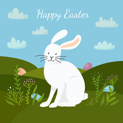 A white bunny is sitting on the lawn. Colorful eggs are hidden in the grass. Easter scene. 