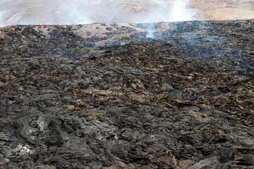 Texture of volcanic lava. Volcano eruption at Fagradalsfjall, Iceland.