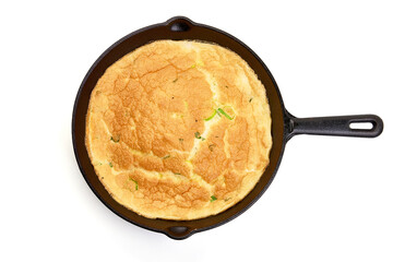 Omelette in a frying pan, isolated on white background. Healthy breakfast. High resolution image