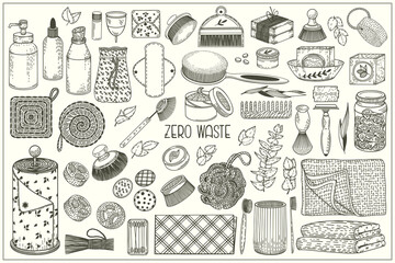 Zero waste set. Hand drawn sketch doodle vector illustration. Recycle and reusable products. Go green, eco style, no plastic, save the planet objects for hygiene and cosmetics. 