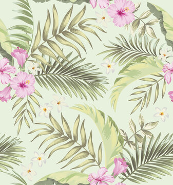 Vector tropical pattern with hibiscus flowers and exotic palm leaves. Trendy summer background. Summer floral illustration.