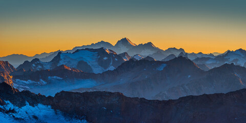 Caucasus mountains near Mt. Elbrus at sunset. Panoramic view from 