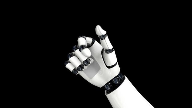 The robot hand clenches into a fist. Artificial intelligence. The camera flies around. On a black background. 4K. 3D animation.