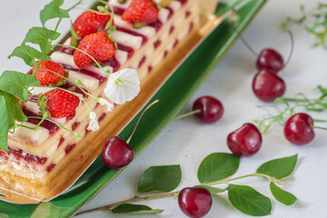 Summer fruit cake with strawberry, ripe cherry berries, romantic breakfast