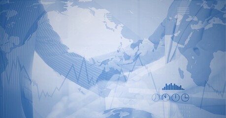 Composition of businessmen shaking hands over financial data processing