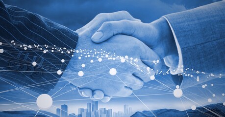 Composition of businessmen shaking hands with network of connections