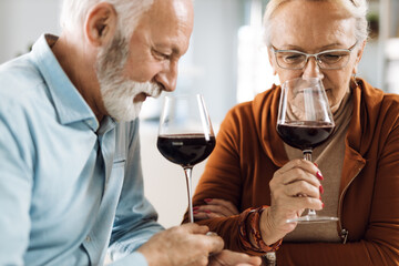 Mature couple smelling the wine at home