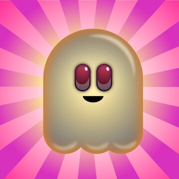 A little cute ghost character over a pink background. Digital illustration
