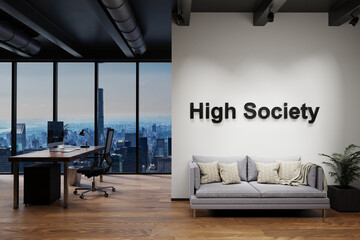 modern luxury loft with skyline view and vintage couch, wall with high society lettering, 3D Illustration