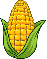 Cartoon Fresh Corn Cob. Vector Hand Drawn Illustration Isolated On Transparent Background