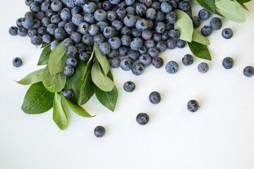 Fresh Blueberries in a bowl on white background. Juicy wild forest berries, bilberries. Fresh ripe blueberry with leaf isolated