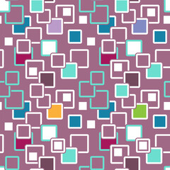 Seamless abstract patern with multicolored bordered squares on a purple background. Chaotic arrangement of figures. Vector illustration