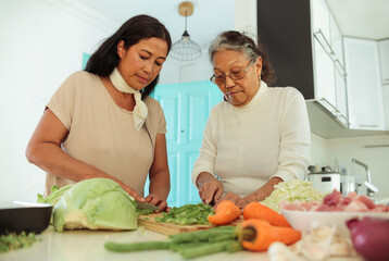 Filipino mother and daughter cooking together at home - Senior woman chopping vegetables for a traditional asian meal
