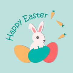 Easter Greeting Card. Bunny Sitting Behind the Eggs. 