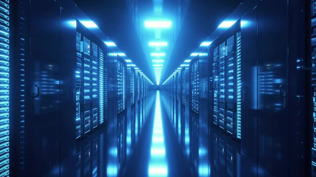 Data center with endless servers. Network and information servers behind glass panels. Cloud computing data storage. 4K high quality loop animation