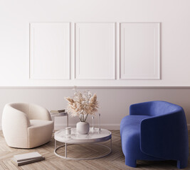 Modern living room design, blue minimal sofa with trendy home accessories, white Frame mock up, 3d render