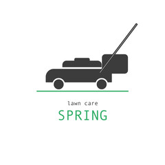 Logo with lawn mower for lawn mowing and garden care company. Vector graphics