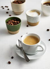 Assorted coffee, coffee beans, copy space.