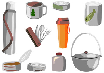 Dishes and canned food for hiking, outdoor adventure set, camping equipment. Hand drawn vector illustrations. Colorful cartoon clipart isolated on white. For design print, decor, card, sticker, banner
