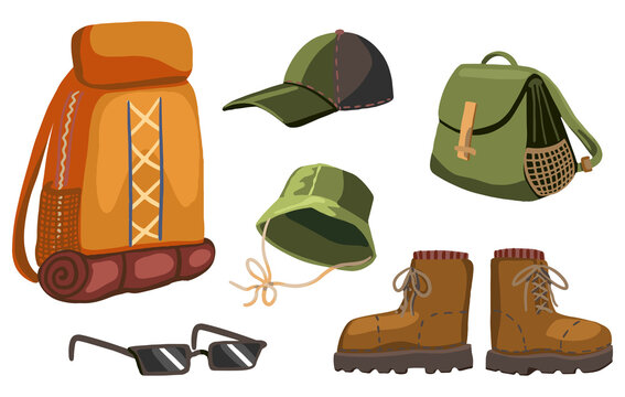 Shoes, accessories and bags for hiking, outdoor adventure set, camping equipment. Hand drawn vector illustrations. Colorful cartoon cliparts isolated on white. For design, print, decor, card, sticker.