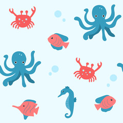 Seamless vector pattern with sea animals - fishes, octopus, seahorse, crab. For textile, clothes, sets of bed-linen, etc