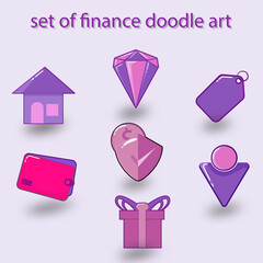 set of finance symbol doodle art vector design. the doodle are home symbol, jewelry symbol, deals symbol, wallet symbol, money protect symbol, profile symbol, reward symbol