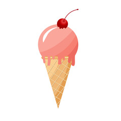 cherry refreshing ice cream with cherry berries in a waffle cup. Vector illustration. Colorful ice cream ball in pastel colors Delicious frozen dessert. Refreshing frozen dessert. vector illustration 