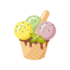 colorful refreshing ice cream with mint leaves in a waffle cup. Vector illustration. Three balls of multicolored ice cream. delicious frozen dessert