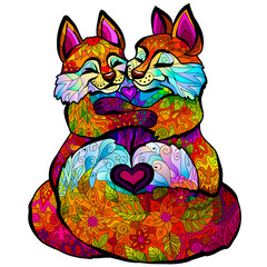 Foxes. Graphic, color image of a two foxes in love on a white background. Design for puzzles and stickers. Digital vector graphics.