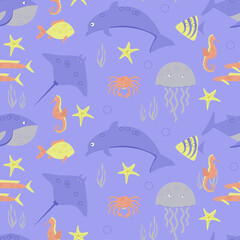 Marine life. Seamless vector pattern.