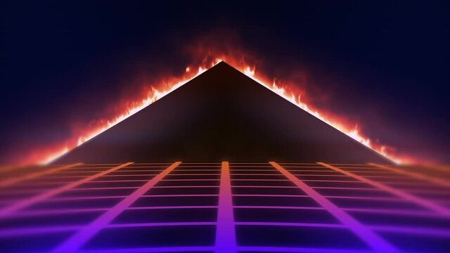 Game Video Neonwave Fantastic Retrofuturistic Video Abstraction. Laser Grid Way To The Epic Thunderstorm And Pyramide Of Ancient Technological Civilisation Flaming With Sacred Fire