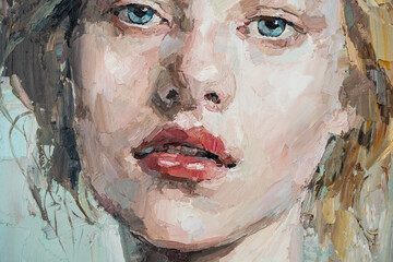 Fragment of art painting. Portrait of a girl with blond hair is made in a classic style. .A woman's face with red lips.