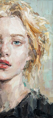 Fragment of art painting. Portrait of a girl with blond hair is made in a classic style. Background is aquamarin.