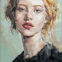 Art painting. Portrait of a girl with blond hair is made in a classic style. Background is aquamarin.