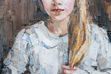 .Cute beautiful girl holding her hair. Fragment of oil painting on canvas.