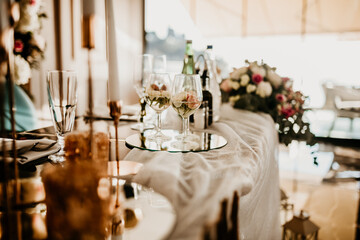romantic wedding decoration flowers cake and champagne