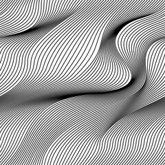 Abstract vector seamless moire pattern with waving curling lines. Monochrome graphic black and white ornament. Striped repeating texture.