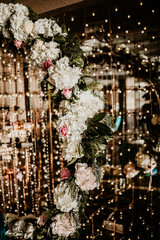 romantic wedding decoration flowers cake and champagne