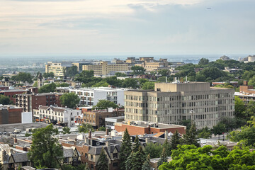 Montreal scenic panorama as seen from Roman Catholic basilica Saint Joseph Oratory of Mount Royal. Montreal, Quebec, Canada.