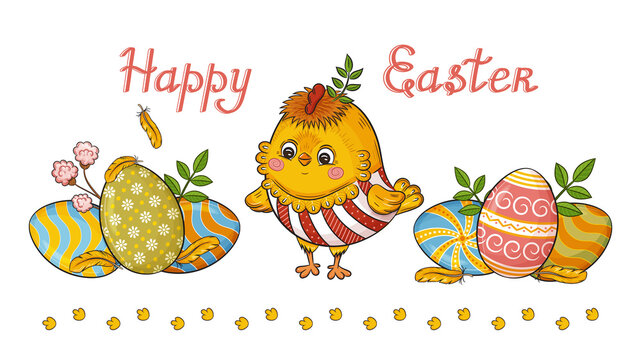 Easter holiday. Funny yellow chick and colored eggs with ornament.  Newborn cartoon little rooster chicken. Religious tradition of decorating dyeing eggshell. Spring celebration greeting card. Vector
