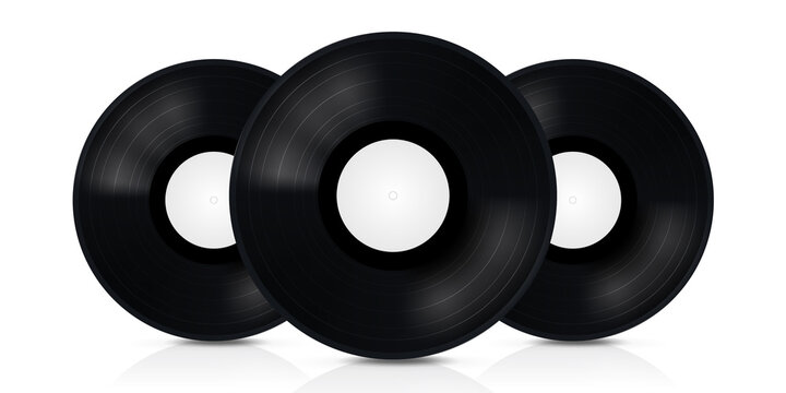 Three black musical vinyl record. Vector image with reflection on white background