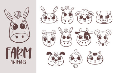 Animal doodle collection. Hand-drawn farm animal heads. Perfect for coloring books, avatar designs, and children's activities. Vector illustration.