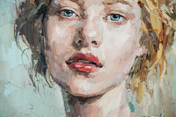 Fragment of art painting. Portrait of a girl with blond hair is made in a classic style. .A woman's face with red lips.