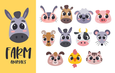 Cartoon Animal heads collection. Cute farm animal heads. Perfect for avatars, print designs, and children's activities. Vector illustration.