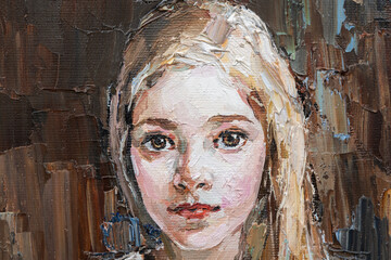 .Cute beautiful girl holding her hair. Fragment of oil painting on canvas. .Portrait of a child with brown eyes and blond hair.