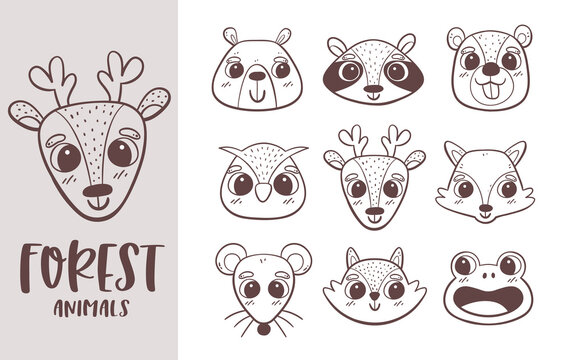 Animal doodle collection. Hand-drawn forest animal heads. Perfect for coloring books, avatar designs, and children's activities. Vector illustration.