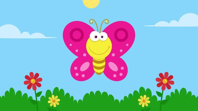 Yellow Butterfly Cartoon Character Flying. 4K Animation Video Motion Graphics With Landscape Background 